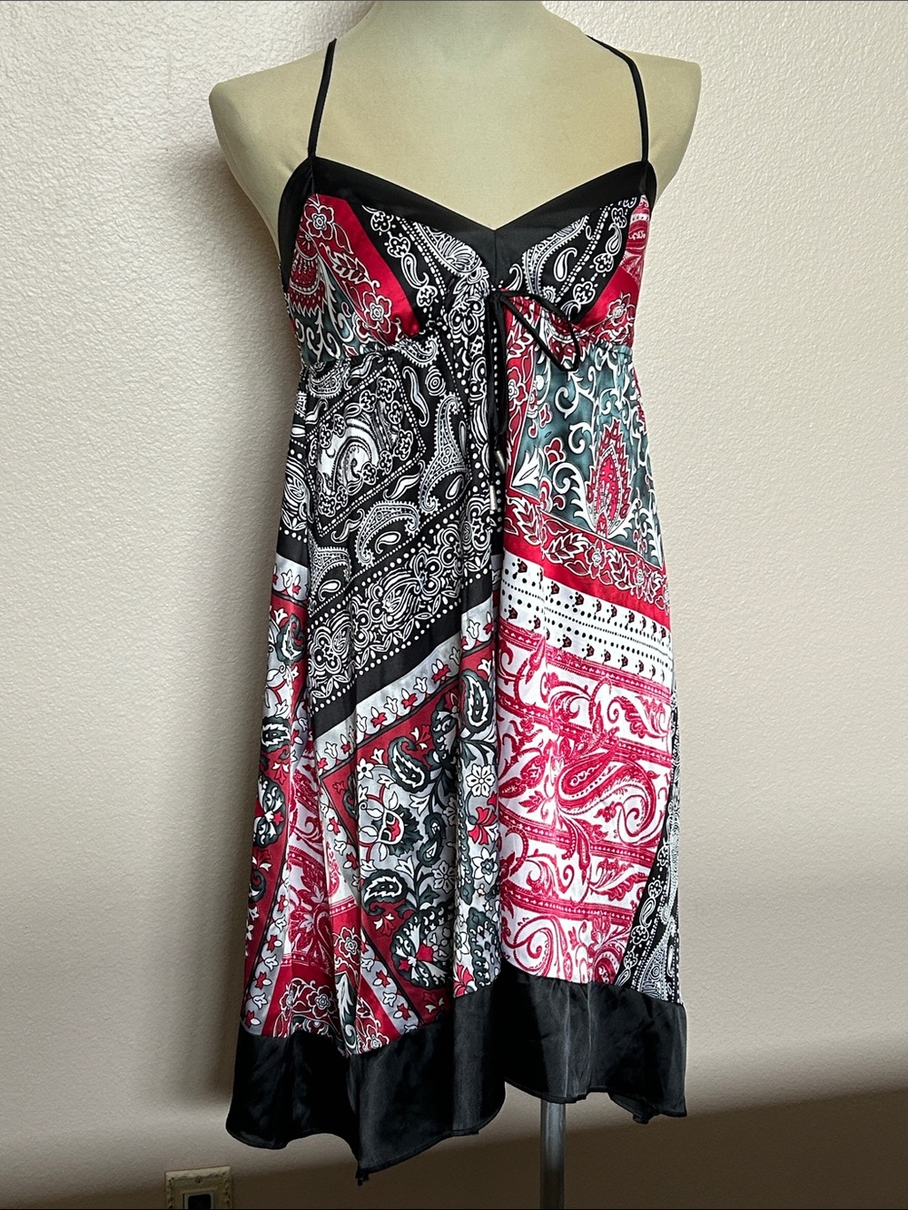 Paisley Patchwork Spaghetti Strap Scarf Dress - Red, Black, White, Green-size S